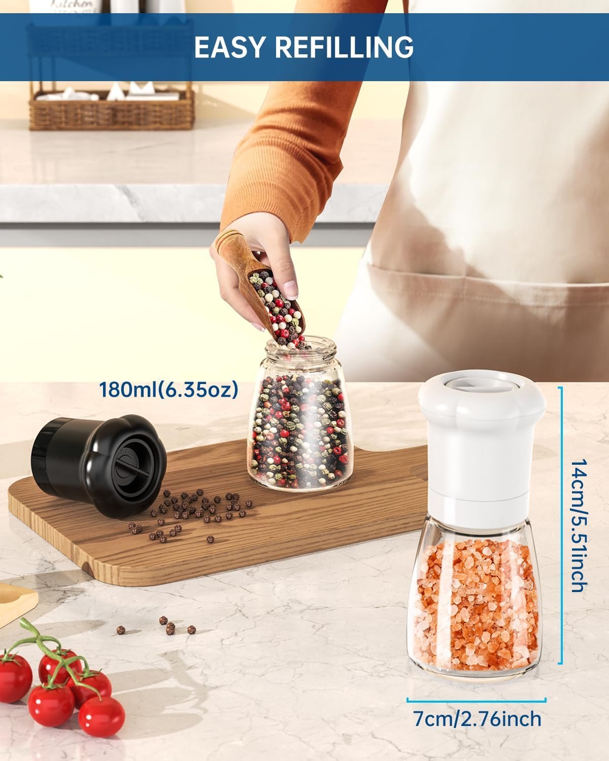 CIRCLE JOY Manual Salt and Pepper Grinder Set For Professional Chef, Refillable Salt and Pepper Shakers with Ceramic Blades, Adjustable Coarseness and BPA-free 180ml Glass Container, Short Black White - Image 6