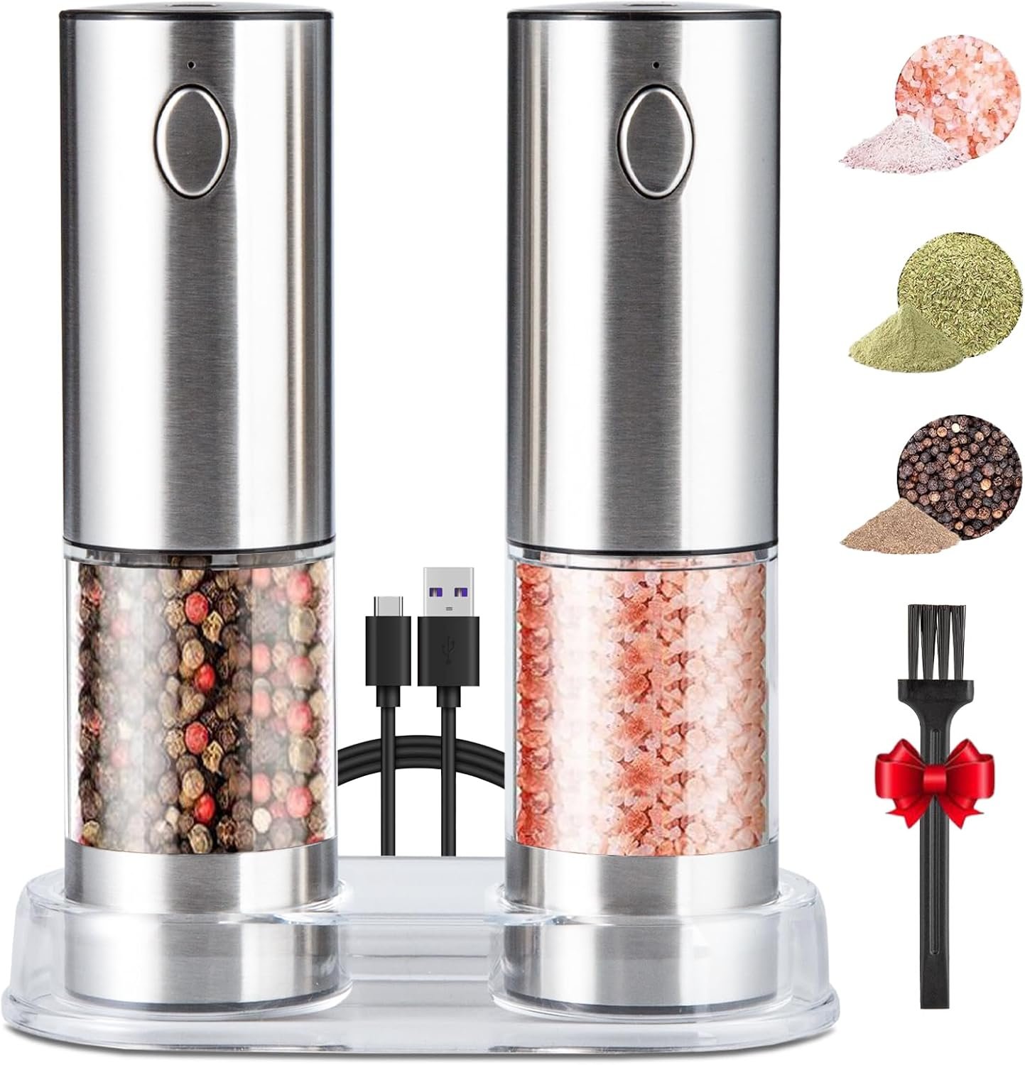 Electric Salt and Pepper Grinder Set(2 Pack), SDMXSE Rechargeable Stainless Steel Automatic Mills with Adjustable Coarseness, LED Light, Refillable Electric Salt Shakers for Kitchen, Silver - Image 2