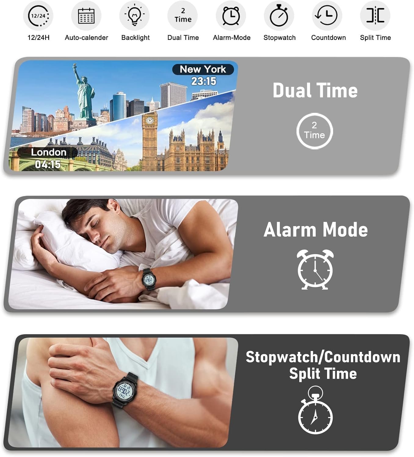 Beeasy Digital Watch Waterproof with Stopwatch Alarm Countdown Dual Time, Ultra-Thin Super Wide-Angle Display Digital Wrist Watches for Men Women - Image 8