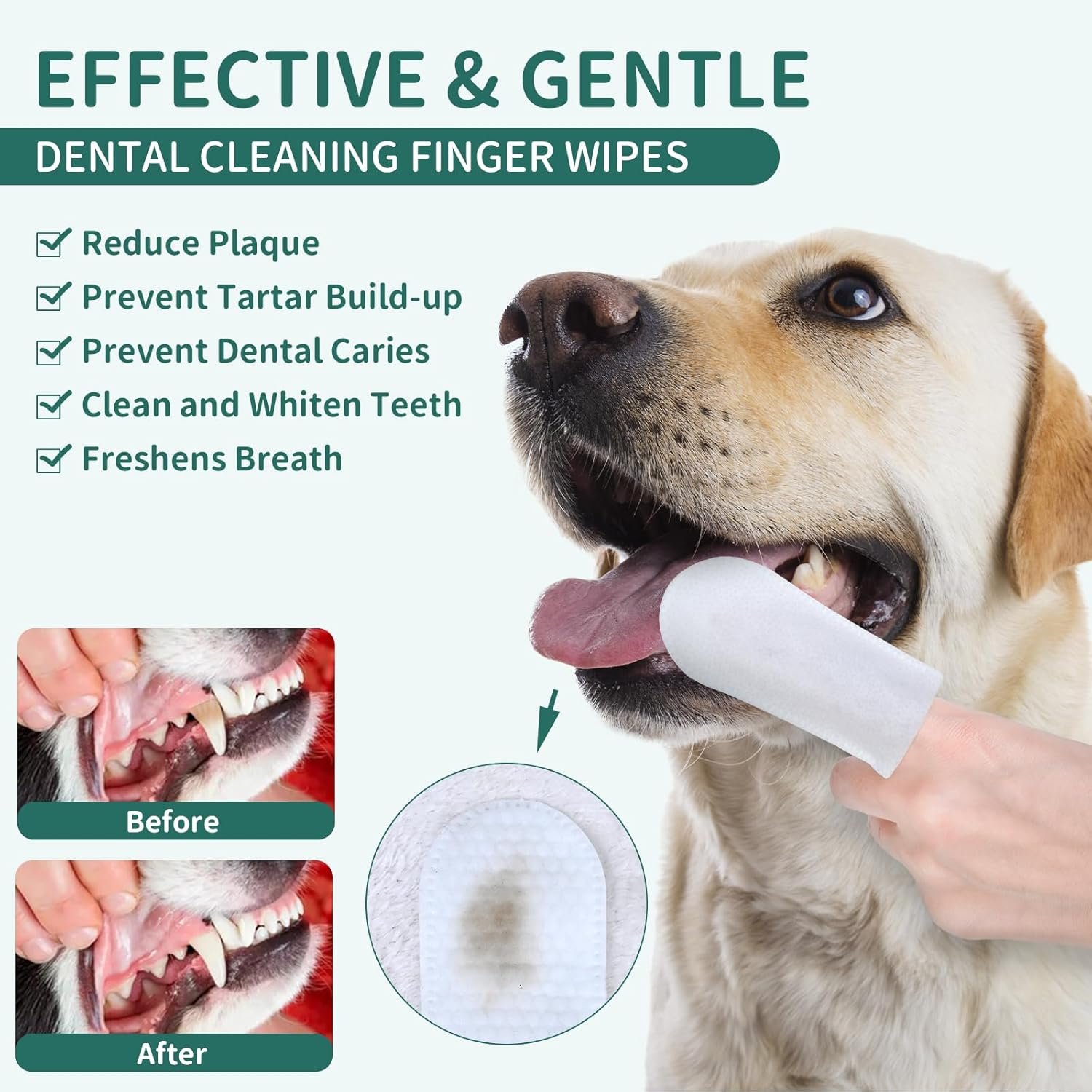 Teeth Cleaning Wipes for Dogs & Cats, Dog Tooth Brushing Kit Dog Dental Wipes, Reduces Tartar & Plaque Fresh Breath Dog Teeth Cleaning Finger Toothbrush, Disposable Gentle Dog Teeth Wipes, 120 Counts - Image 3