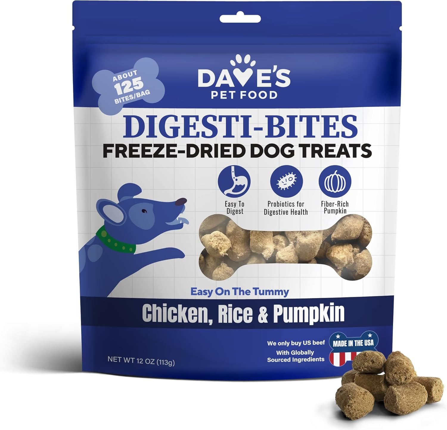 Dave's Pet Food Digesti-Bites Easy to Digest Freeze Dried Chicken Dog Treats with Pumpkin Fiber & Probiotics, Complete & Balanced Nutritious, Freeze Dried Dog Food Topper, USA Made (12 oz) - Image 2