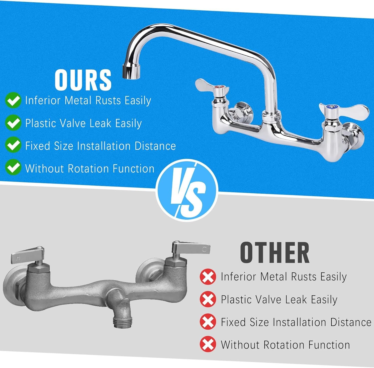 Wall Mount Kitchen Faucet 8" Center Commercial Sink Faucet with 8” Swivel Spout Dual Handles Brass Utility Sink Faucet for Laundry Room Restaurant Polish Chrome with 90° Installation Kit - Image 8