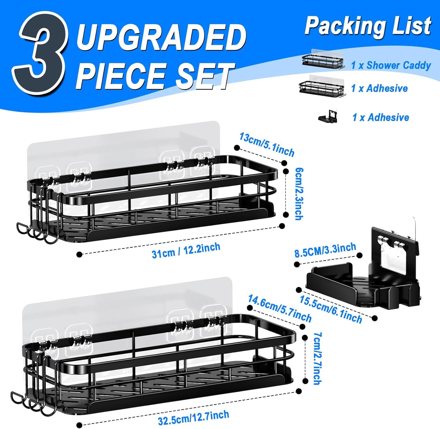 Corner Shower Caddy 3 Pack, Large Size Shower Shelves with Soap Holder Adhesiveand 4 N-Shaped Hook, Rustproof Stainless Steel Bathroom Accessories Organizer, No Drilling Wall Mounted Rack - Image 3