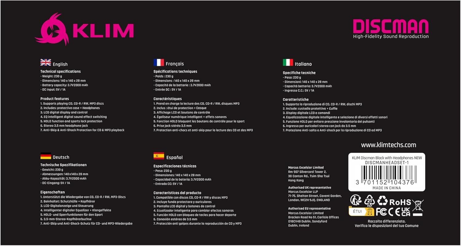 KLIM Discman with Headphones - Portable CD Player with Headphones - New Version 2024 + Ideal Car CD Player + Compatible CD-R, CD-RW, MP3. Compact Mini CD Players Personal CD Walkman - Black - Image 9