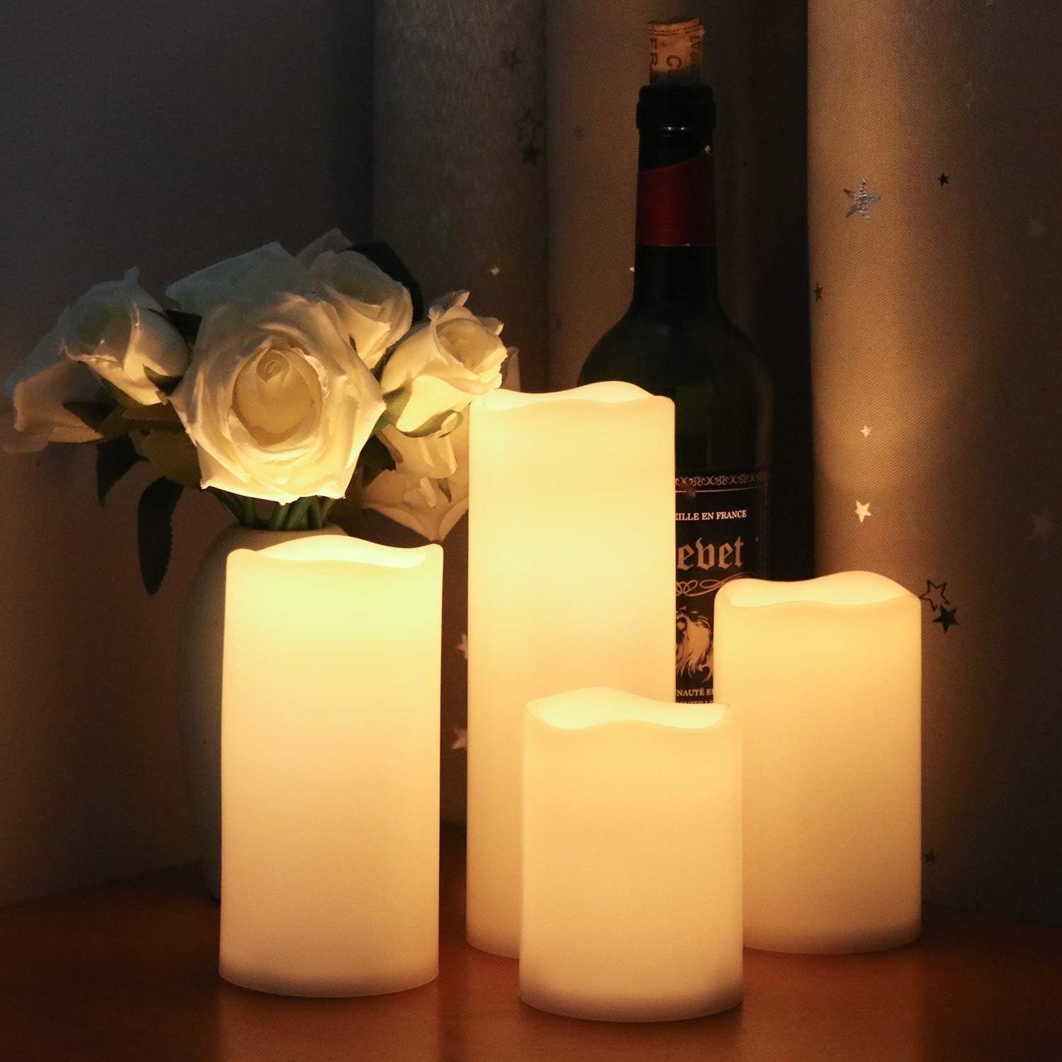 Eldnacele Waterproof Flameless Flickering Candles with 6 Hours Timer, Indoor Outdoor White LED Plastic Battery Operated Pillar Candles Pack of 4 Wedding Dinner Home Decor, D3”x H4” 5” 6” 8” - Image 9