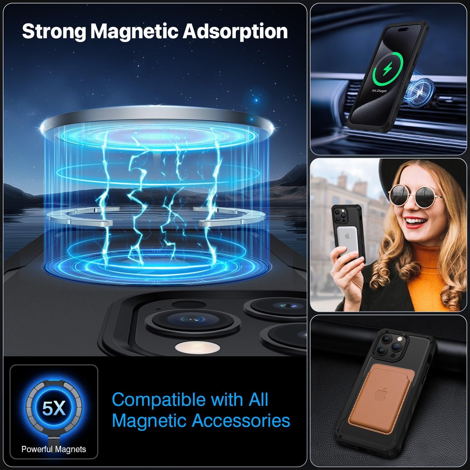 CENHUFO for iPhone 15 Pro Max Case, Privacy Phone Case Compatible with Magsafe Built-in Tempered Glass Privacy Screen Protector and Magnetic Ring Stand, Full Body Shockproof Clear Camera Cover -Black - Image 5