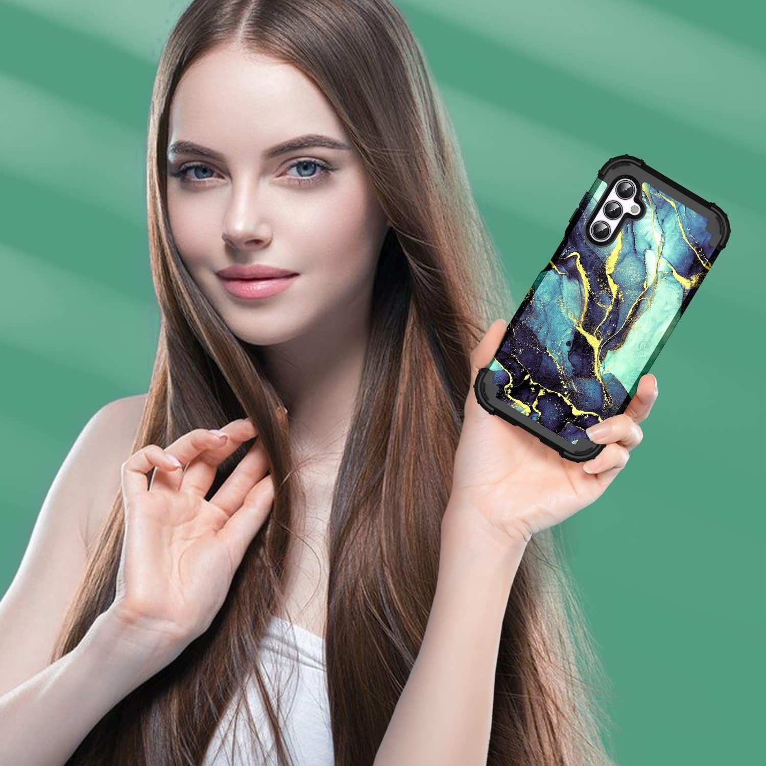 for Galacy A14 5G Case,Marble Design Three Layer Heavy Duty Shockproof Hybrid Hard Plastic Bumper Soft Silicone Rubber Drop Protective Cover Case for Galaxy A14 6.6",(Blue-Green) - Image 8