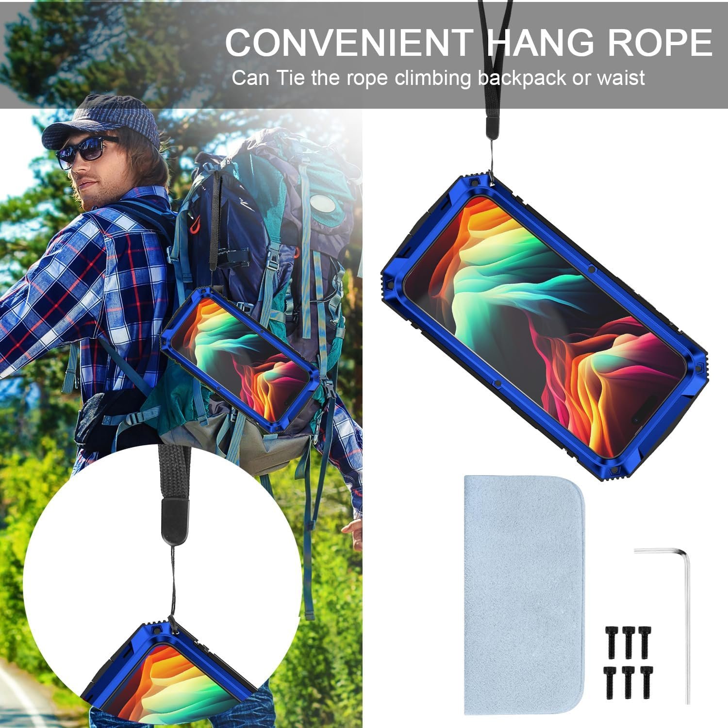 Compatible with iPhone 15 Pro Max Metal Case with Screen Protector Camera Protector Military Rugged Heavy Duty Shockproof Case with Metal Kickstand Full Body Tough Dustproof Case(Blue) - Image 8