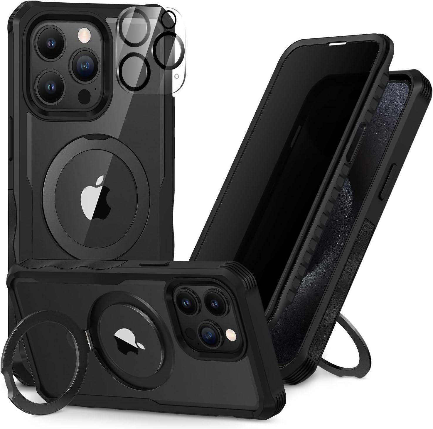 CENHUFO for iPhone 15 Pro Max Case, Privacy Phone Case Compatible with Magsafe Built-in Tempered Glass Privacy Screen Protector and Magnetic Ring Stand, Full Body Shockproof Clear Camera Cover -Black - Image 2