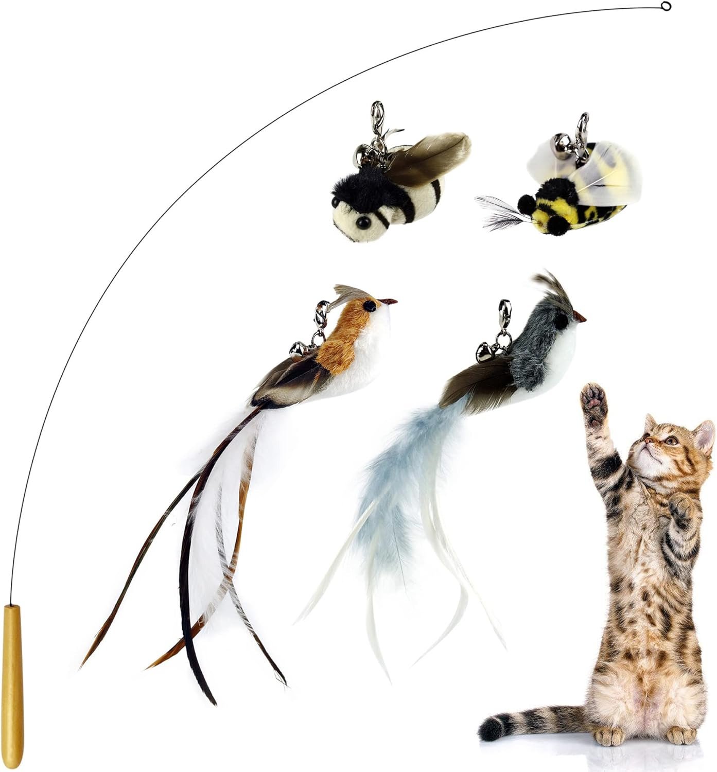 Interactive Bird and Insect Simulation Cat Toy Set with 10 Feather Refills, 29'' Flexible Steel Wire, Sturdy Wood Handle & Bell,Cat Wand Toys for Indoor Cat and Kitten. - Image 2