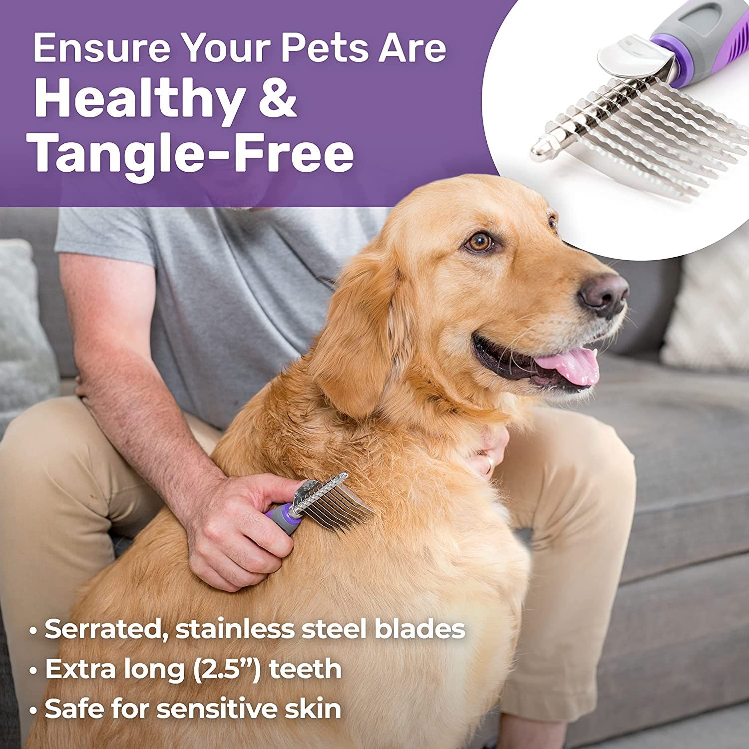 Hertzko Grooming Dematting Comb for Pets - Removes Mats and Tangles - Ideal Dematting Comb for Dogs and Cats - Grooming Tool for All Fur Types - Easy to Use and Clean - Stainless Steel - Image 3