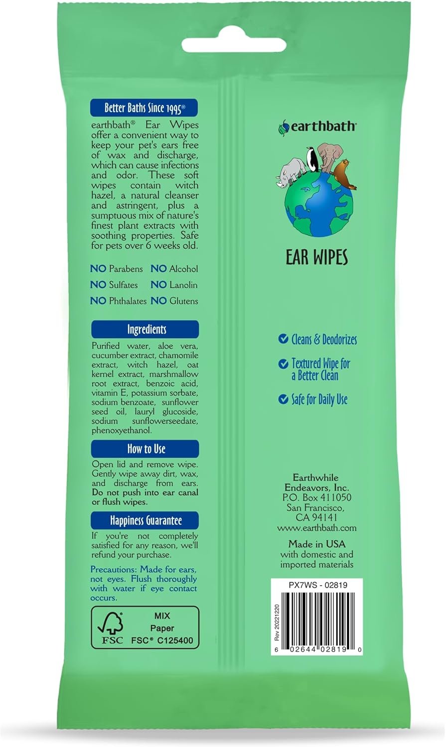 earthbath, Dog Ear Wipes - Gentle Dog Ear Cleaner, Best Pet Wipes for Dogs & Cats, Made in USA, Cruelty-Free Dog Wipes, Keep Your Pet's Ears Naturally Clear & Infection Free - 25 Count (1 Pack) - Image 3