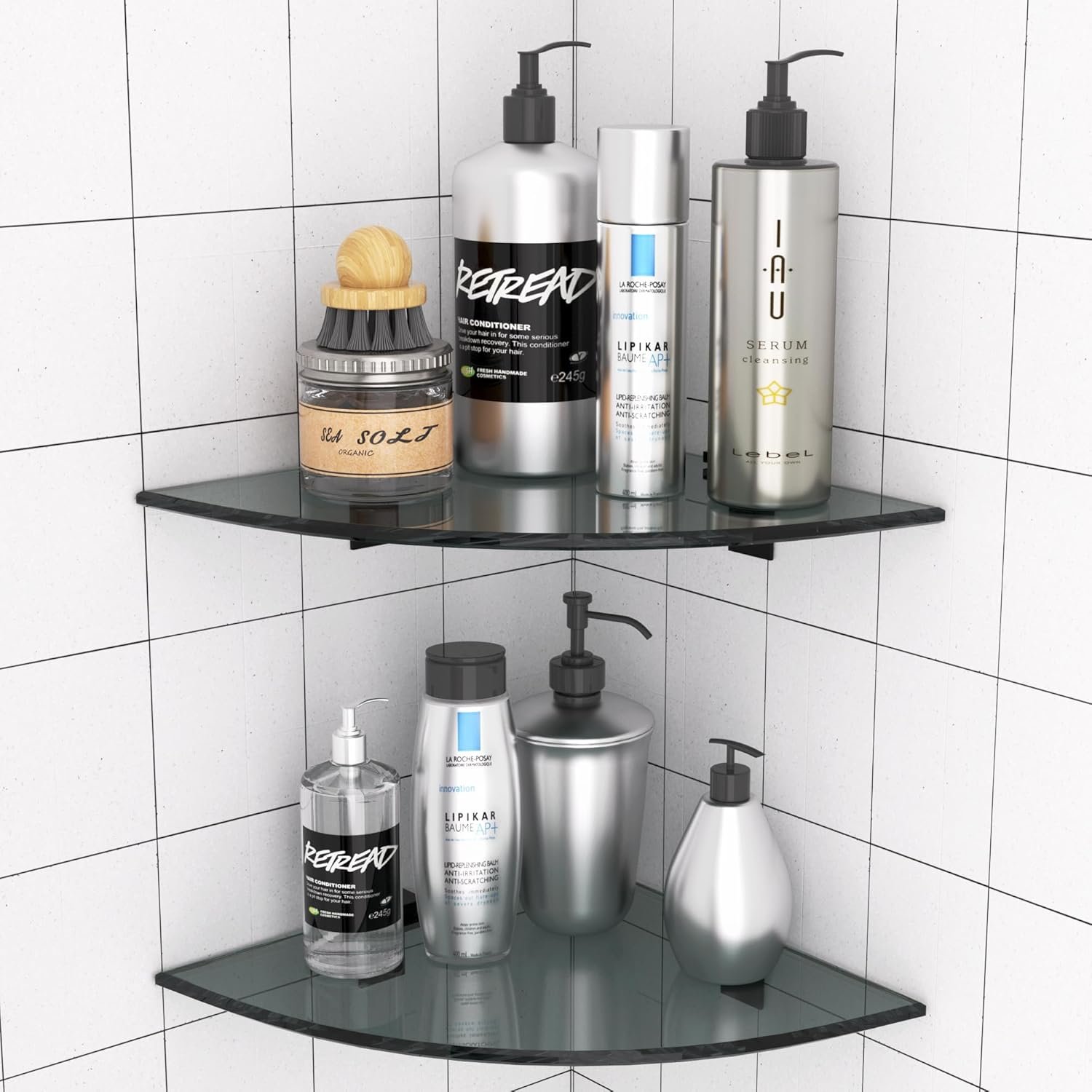 2-Pack Glass Shelf Shower Caddie, Shower Shelves for Inside Shower, Drilling Free Adhesive Wall Mounted Bathroom Organizer Shelves with Aluminium Brackets, Black - Image 2