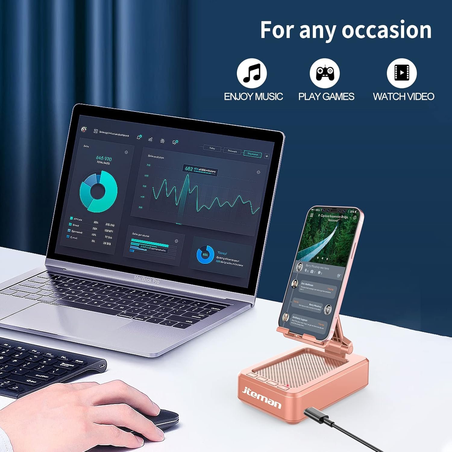 Jteman Portable Phone Stand with Speaker Bluetooth Wireless,Gifts for Men Women,Birthday for Women Men,Kitchen Gadgets for Men,Phone Holder for Desk - Rose Gold - Image 5