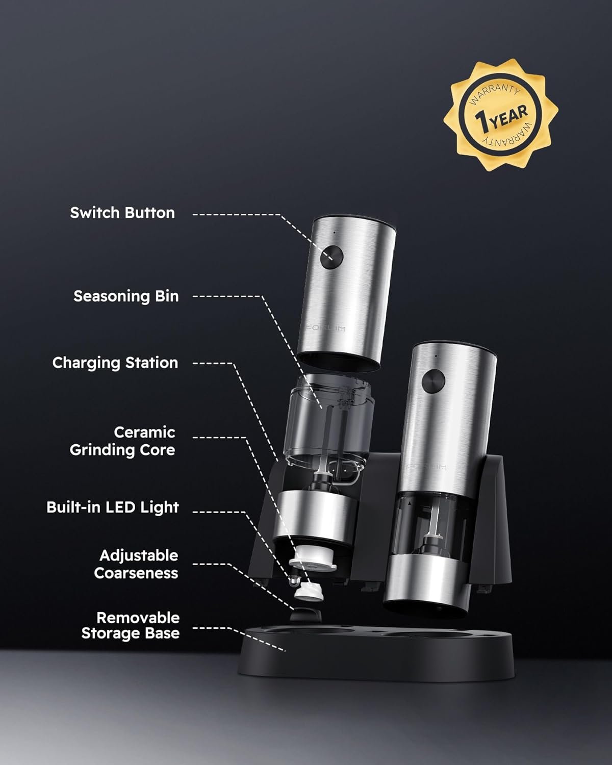 FORLIM Electric Salt and Pepper Grinder Set, USB Rechargeable Automatic Salt and Pepper Grinder Set with Upgraded Base, One Handed Operation Refillable Mill with Light, Adjustable Coarseness - 2 Mills - Image 5