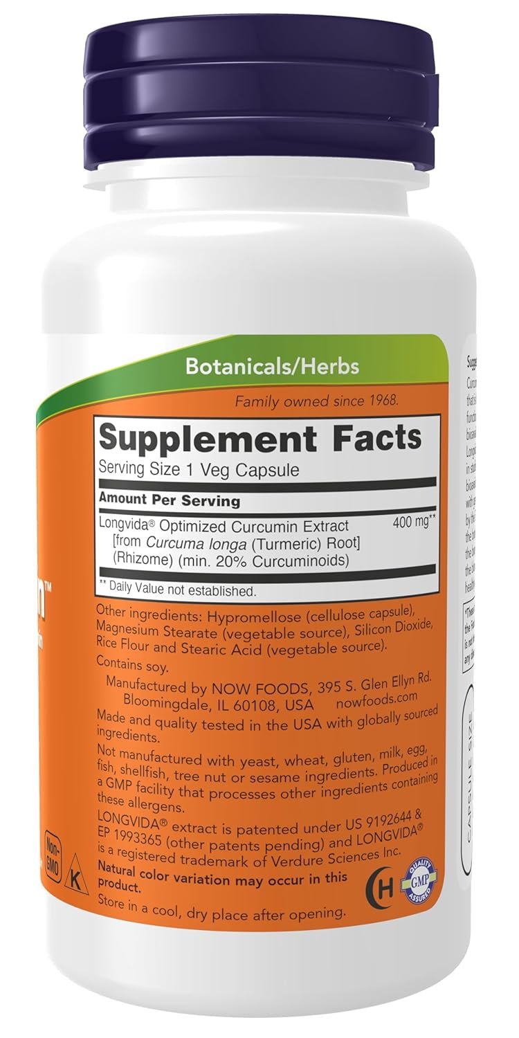 NOW Foods Supplements, CurcuBrain™ 400 mg with Longvida® Optimized Curcumin, 50 Veg Capsules - Image 3