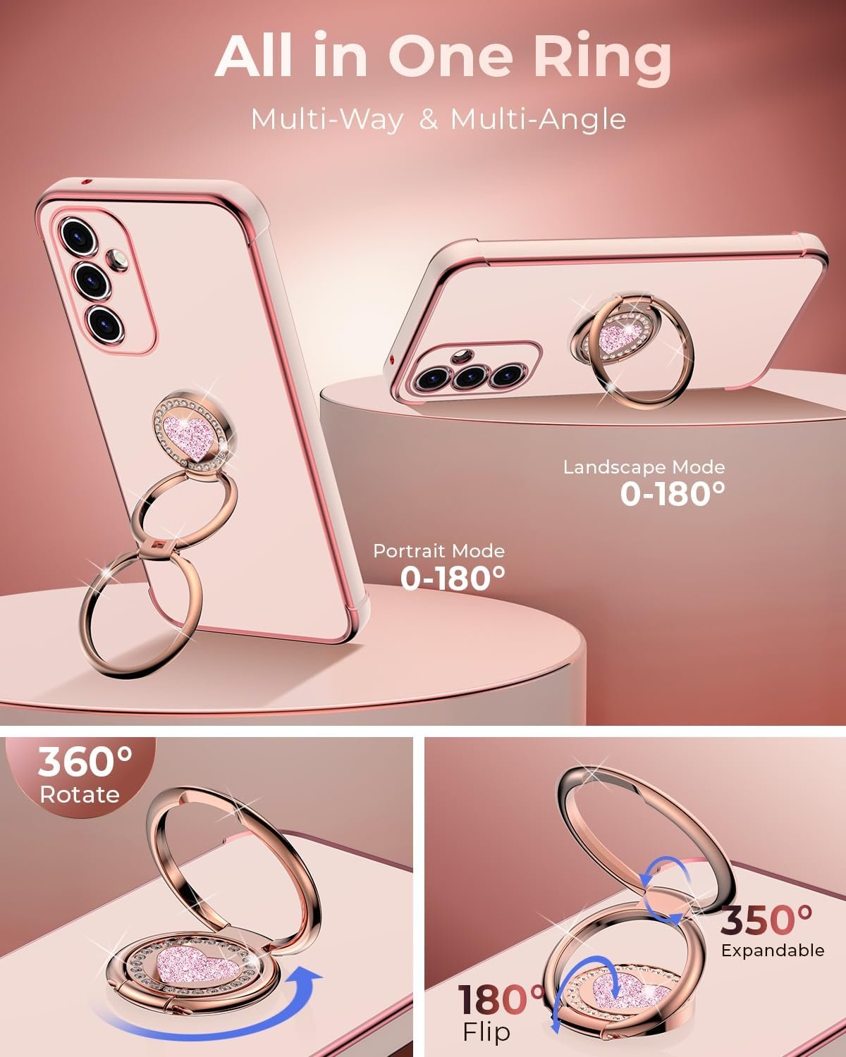 XYZ for Galaxy A14 5G Case with Stand, for Samsung Galaxy A14 5G Case with Double Ring, Women Girls Bling Luxury Protective Phone Case Heart for Samsung A14 5G, Pink - Image 4