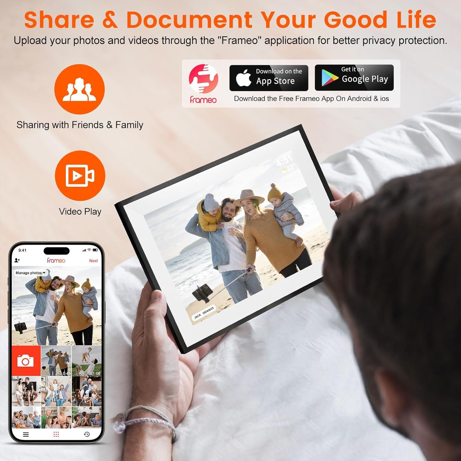 Frameo Digital Picture Frame, Frameo Digital Frame WiFi, 10.1 Inches 1280x800 HD Photo Frame, 32GB Memory, Slideshow, Sharing Pictures Videos via Free App, Gift for Mom or Family - Image 5