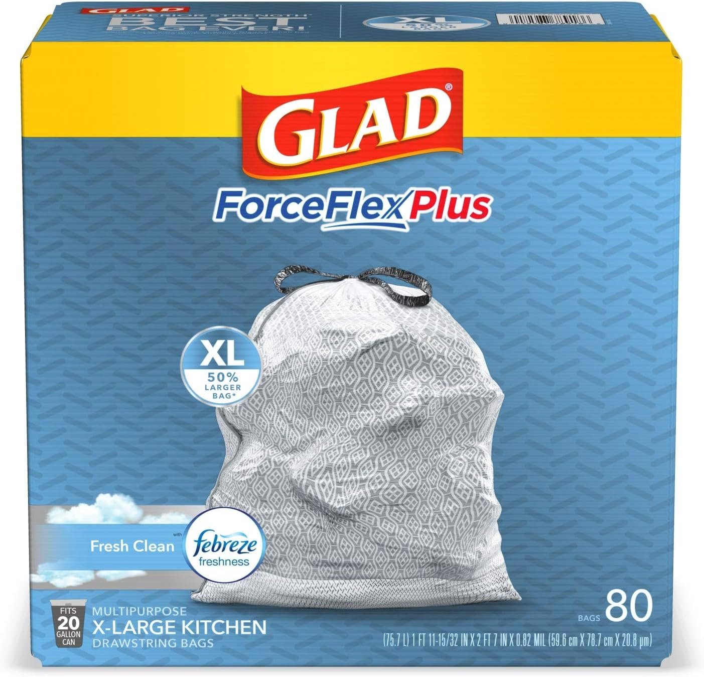 Glad Trash Bags, Force Flex Kitchen Pro Drawstring Garbage Bags, Fresh Clean, 80 Count - Image 2