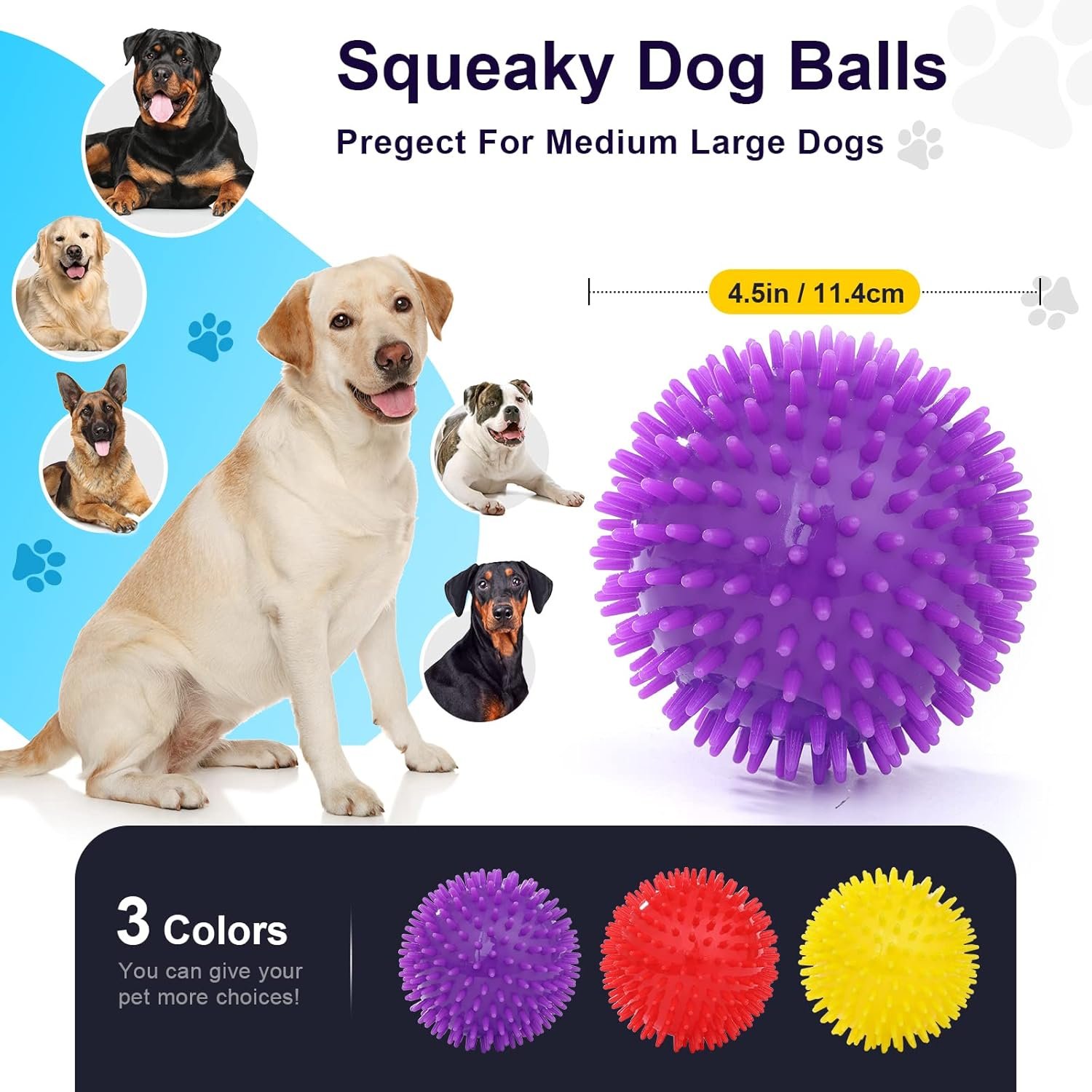 VITEVER 3 Colors 4.5” Heavy Duty Squeaky Dog Toy Balls for Medium Large Dogs, Dog Chew Toys for Teething, Spiky Dog Balls for Aggressive Chewers, Durable Dog Toys for Teeth Cleaning and Training - Image 4