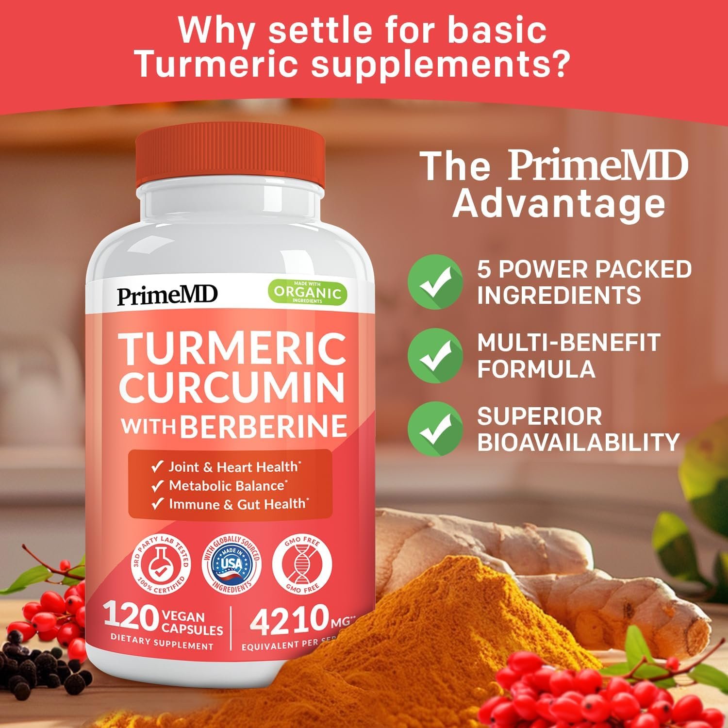 5-in-1 Turmeric Curcumin Supplement (4210mg) with Berberine, & Ceylon Cinnamon - Organic Turmeric Curcumin with Black Pepper and Ginger Supplements for Joint, Heart, Gut, & Metabolic Support (120 ct) - Image 8