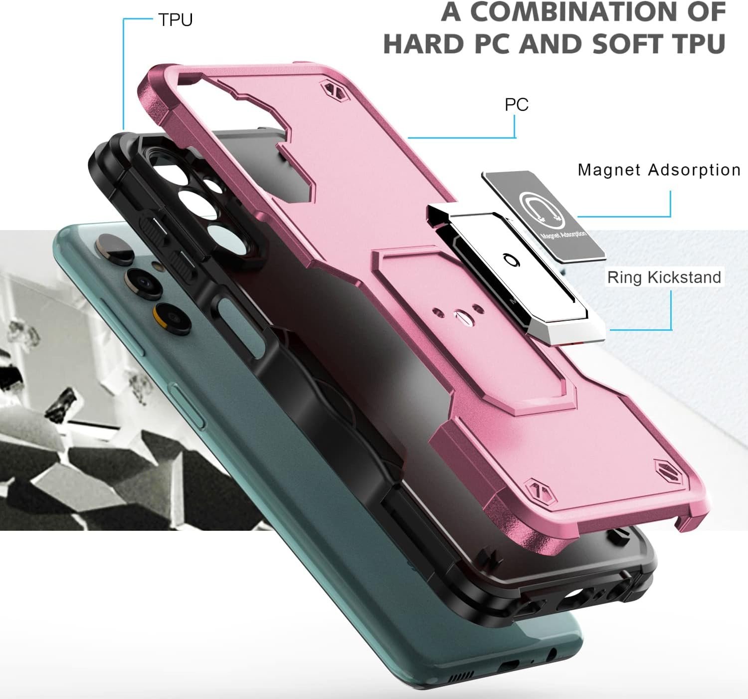 Asuwish Phone Case for Samsung Galaxy A14 5G with Tempered Glass Screen Protector Cover and Slim Ring Holder Stand Hard Hybrid Rugged Kickstand Magnetic Cell Accessories A 14 4G 14A G5 Women Men Pink - Image 7