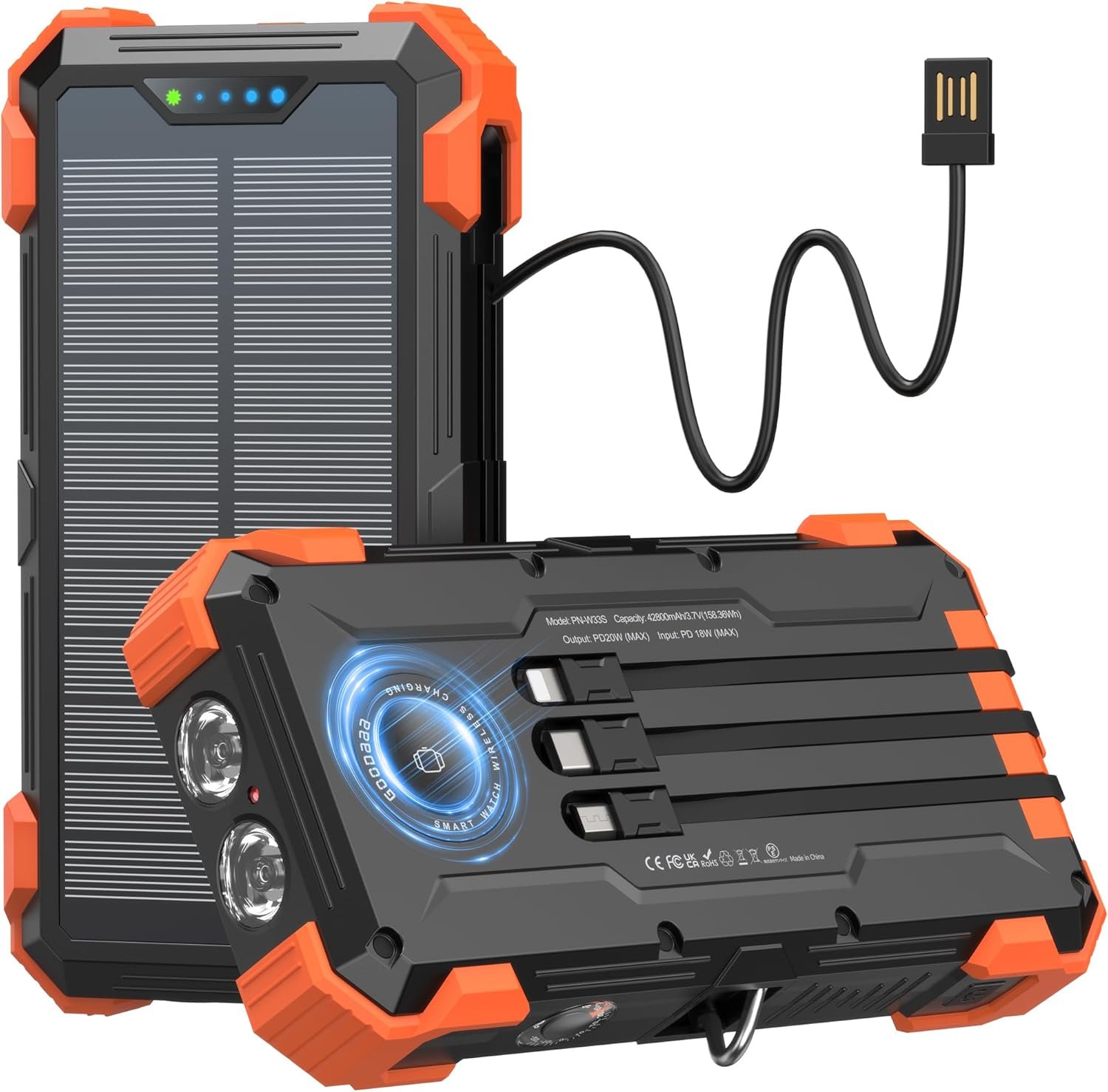 GOODaaa Solar Power Bank, 42800mAh Portable Charger Built in 4 Cables Three USB Port 20W Fast Charging, Wireless Charging Power Bank for Apple Watches with Dual Flashlight, Carabiner,Thermometer - Image 2