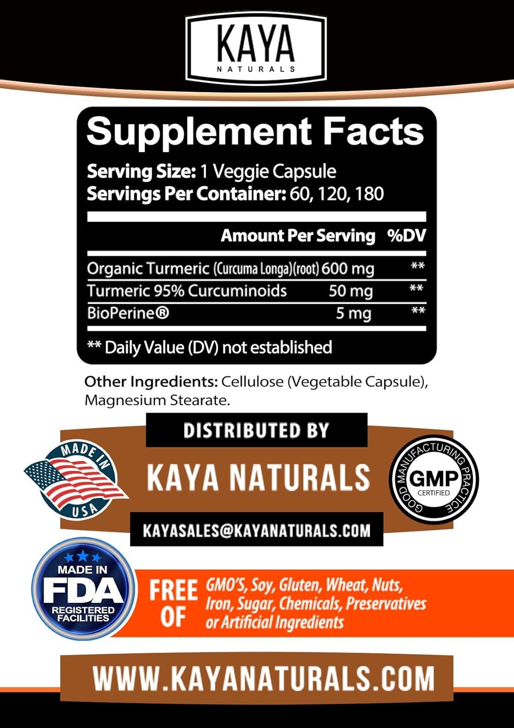 Kaya Naturals Turmeric Platinum, 60 Count Capsules, Bioperine, Premium Joint Support with 95% Standardized Curcuminoids - 60 Capsules - Image 4