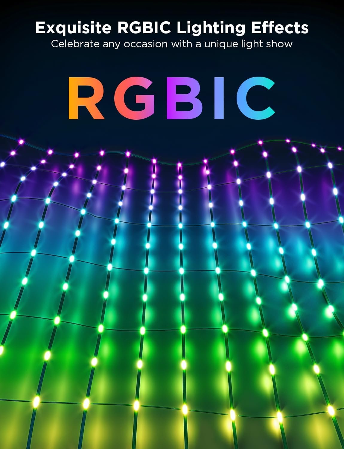 Govee Outdoor Net Lights, 2.8 × 4.7ft with RGBIC and DIY Functions, 240 LEDs Smart Net Lights with 64 Modes for Christmas Bush, IP65 Waterproof, Compatible with Alexa & Google Assistant, Green Wire - Image 4