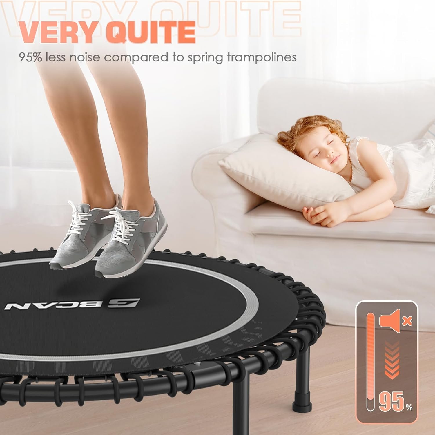 BCAN 450/550 LBS Foldable Mini Trampoline, 40"/48" Fitness Trampoline with Bungees, U Shape Adjustable Foam Handle, Stable & Quiet Exercise Rebounder for Kids Adults Indoor/Garden Workout - Image 8