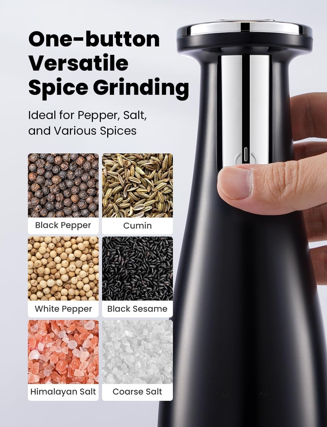 SHARDOR Electric Salt and Pepper Grinder Set, Adjustable Pepper Mill with Ceramic Grinding Elements, Rechargeable Spice Grinder with LED Light and 2 Quick-Change Pods, Ideal for Home Cooking - Image 4