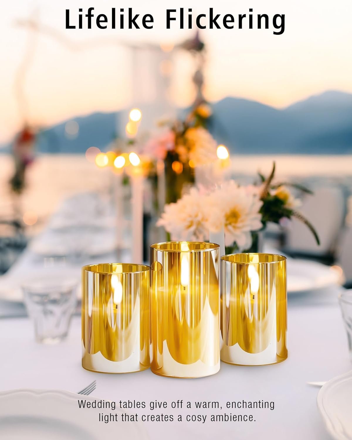 SHYMERY Glass Battery Operated LED Flameless Candles with Remote, Real Wax Flickering Fake Candles for Gold Christmas, Home, Table, Shelf Deco, Set of 3 - Image 5