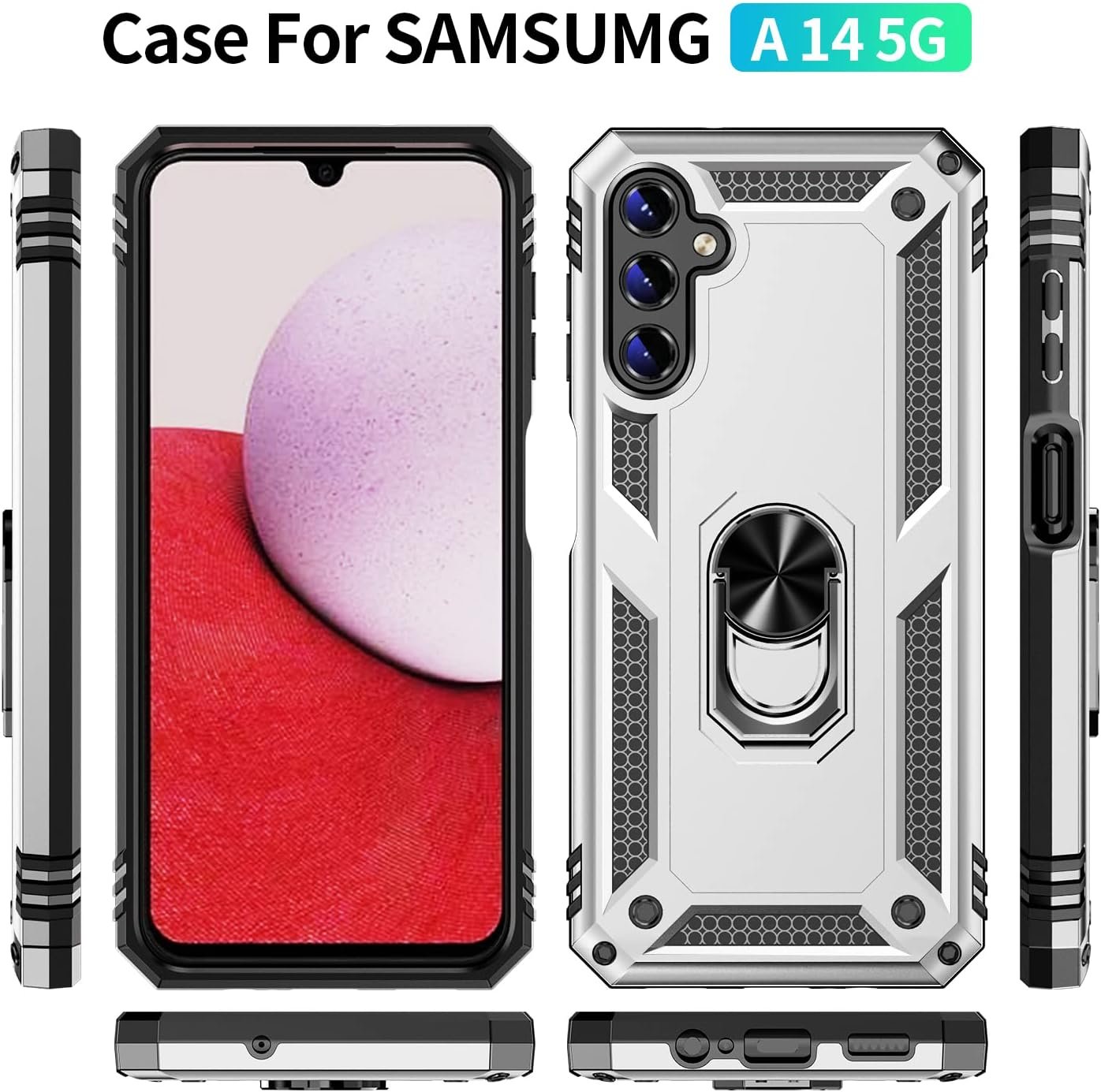 Military Grade Drop Impact for Samsung Galaxy A14 5G Case Galaxy A14 Case 360 Metal Rotating Ring Kickstand Holder Armor Heavy Duty Shockproof Case for Galaxy A14 5G Phone Case (Silver) - Image 8