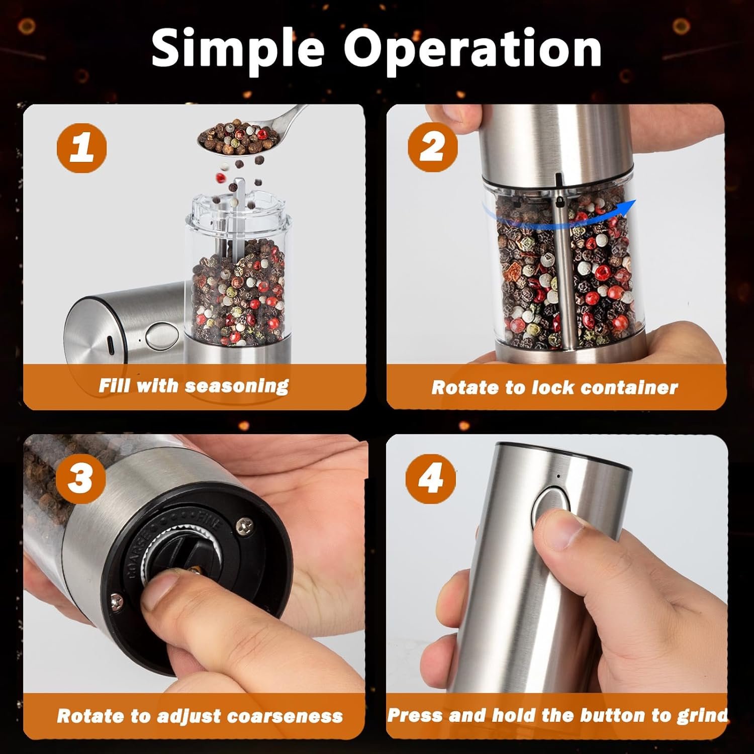 Electric Salt and Pepper Grinder Set(2 Pack), SDMXSE Rechargeable Stainless Steel Automatic Mills with Adjustable Coarseness, LED Light, Refillable Electric Salt Shakers for Kitchen, Silver - Image 9