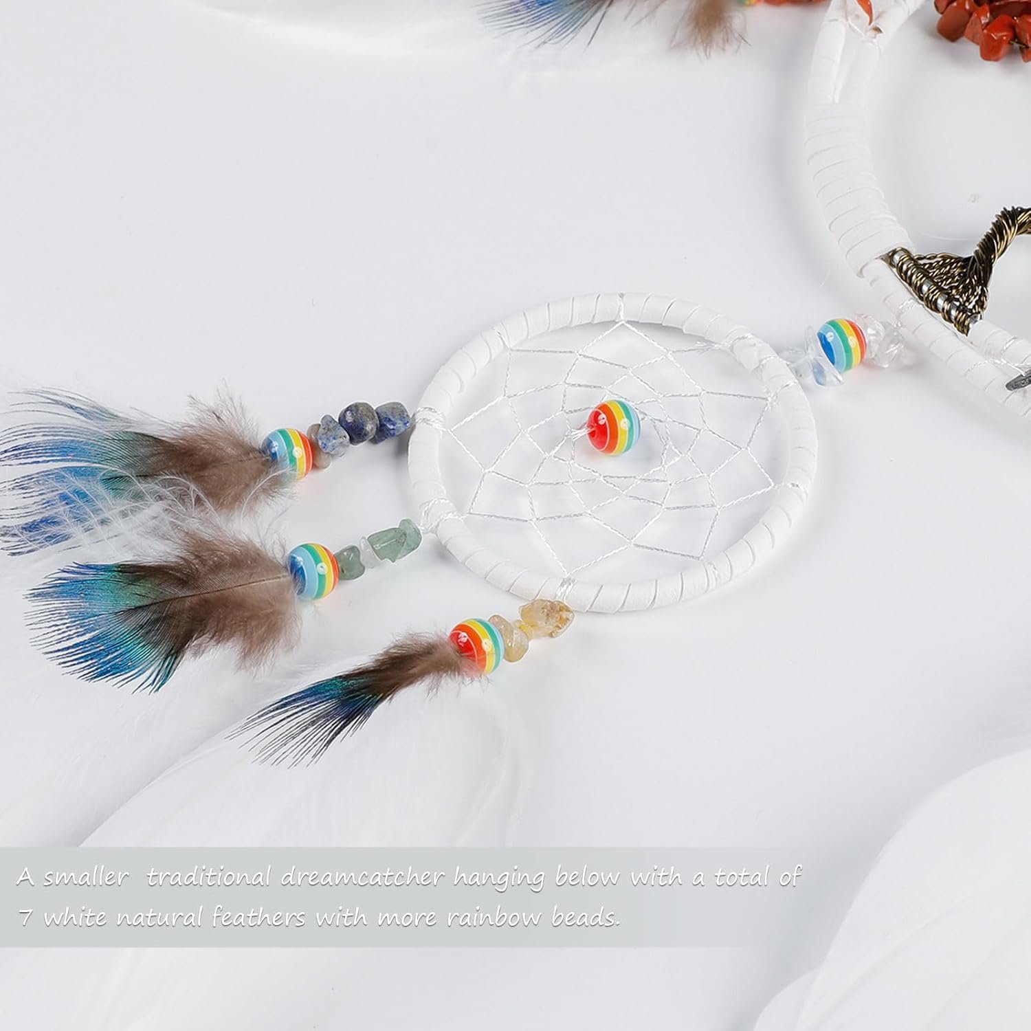 7 Chakras Tree of Life Dream Catcher Wall Decor with Rainbow Healing Crystal Stone Handmade White Feather DreamCatchers Wall Hanging Ornaments for Bedroom Home Decor Blessing Gift Wedding Party-23.6" - Image 5