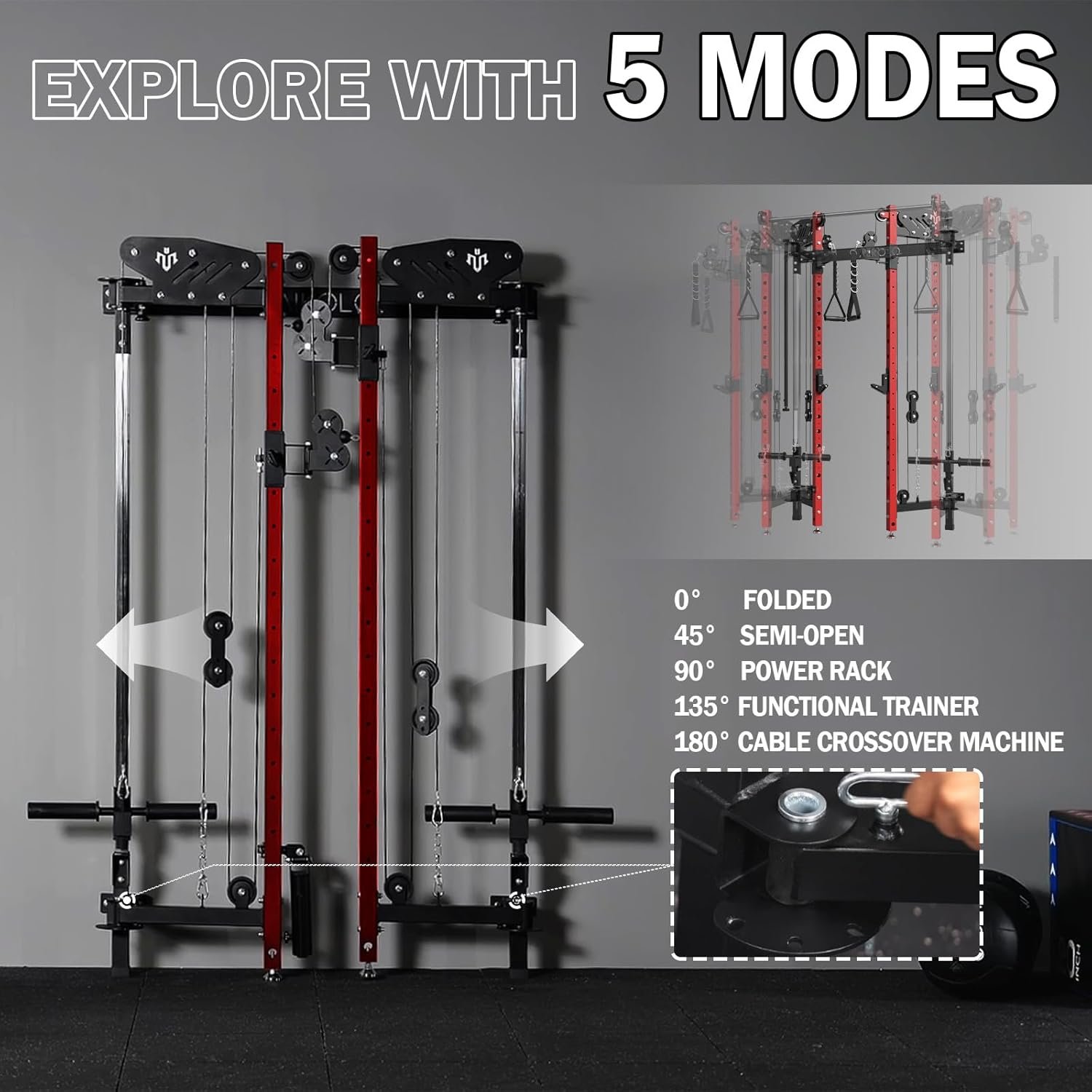 Mikolo Folding Squat Rack, Wall Mounted Power Rack with Cable Crossover Machine & LAT Pull Down, Functional Trainer with 5 Adjustable Function Modes, for Home Gym and Space Saving - Image 5