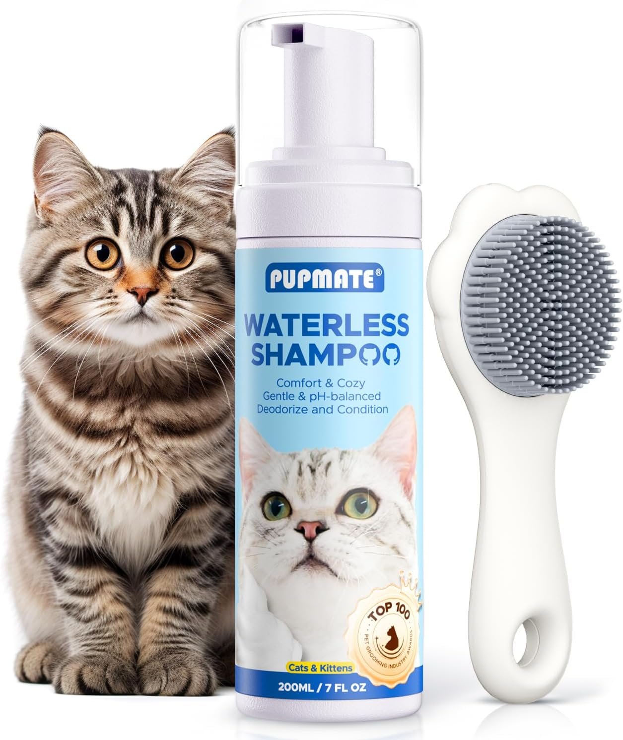 Waterless Cat Shampoo with Cat Brush - No Rinse Foam Dry Shampoo | Deep Cleansing Relieves Itchy Skin & Shedding | Gentle, pH-Balanced for Kittens Sensitive Skin | Specifically for Cat Bath | 7 oz - Image 2