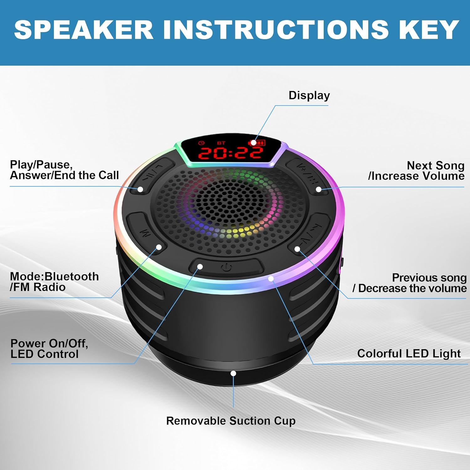 Bluetooth Speakers, IPX7 Waterproof Shower Speaker, Portable Speaker with LED Display, FM Radio, Suction Cup, Light Show, Built-in Mic, Best Gifts for Pool Beach Home Party Travel Outdoors - Image 7