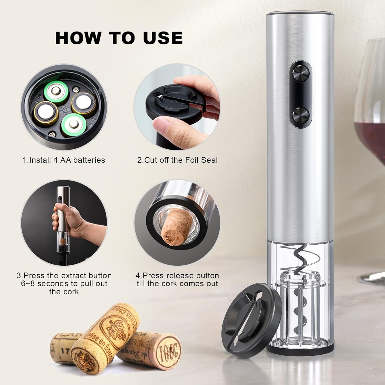 COKUNST Electric Wine Opener, Battery Operated Corkscrews Wine Bottles Openers with Foil Cutter & LED Light, Reusable Automatic Wine Remover Stainless Steel for Wine Lover Home Kitchen Party - Image 4