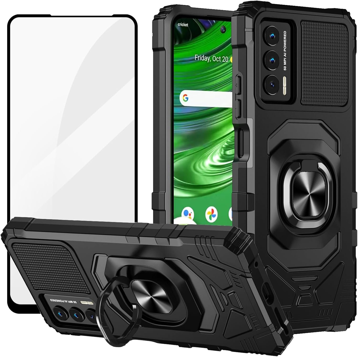 Ailiber Case for Cricket Outlast, AT&T Jetmore Case with Screen Protector Tempered Glass, Ring Kickstand for Magnetic Car Mount, Heavy Duty Shockproof Protective Phone Cover for Cricket Outlast -Black - Image 2