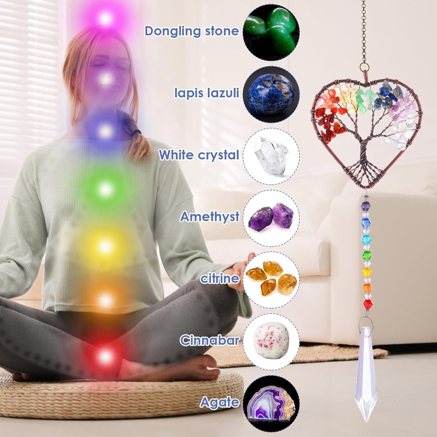 TIESOME Crystal Tree of Life Suncatchers, Rainbow Heart Shaped Sun Catcher Chakra Stones Window Hanging Ornament Colorful Garden Pendant Home Car Decor - Image 5