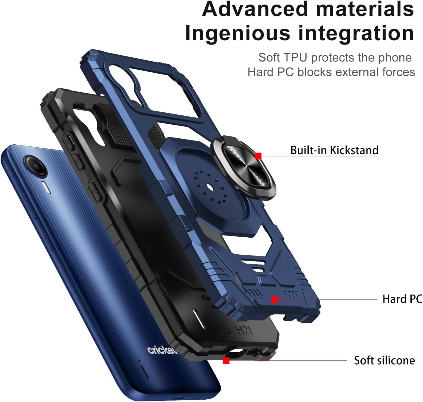 Compatible for Cricket Debut S2, Att Calypso 4 Case, with Tempered Glass Screen Protector, Military Grade Heavy Duty Shockproof Protective Cover, with Ring Kickstand Cover (Blue) - Image 5