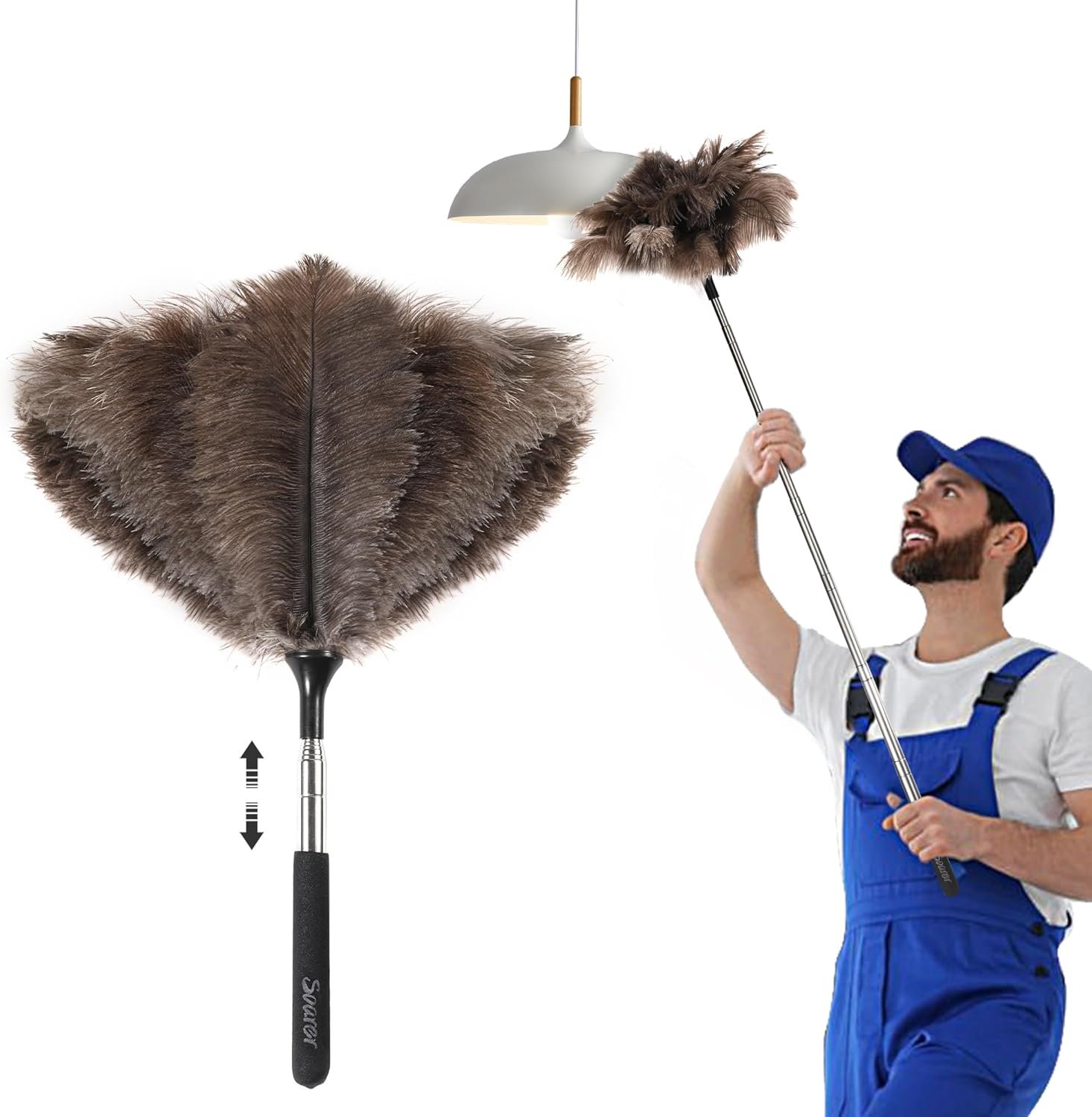 Soarer Extendable Ostrich Feather Duster - 40 inches Fluffy Long Handle Reusable Feather Duster for Cleaning Ceiling Fan,Pendant lamp, High Ceiling, Blinds, Furniture - Image 2