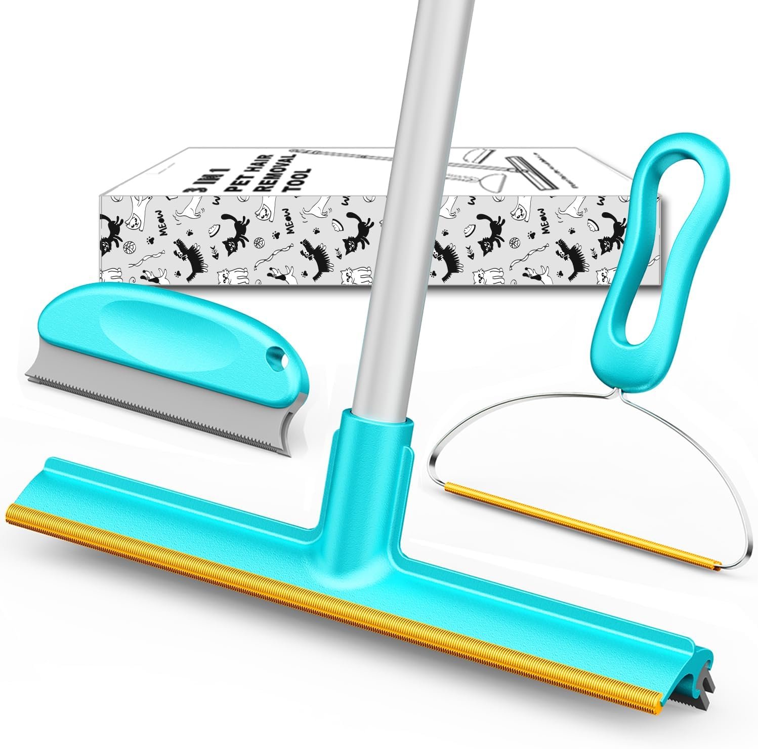 Carpet Rake for Pet Hair Removal (3 Pack), Dog Cat Fur Remover Rubber Broom, Lint Shaver Cleaner Tools Pro, Long Handle Carpet Scraper Brush for Carpet, Rug, Car Mat, Couch, Pet Bed, Furniture - Image 2