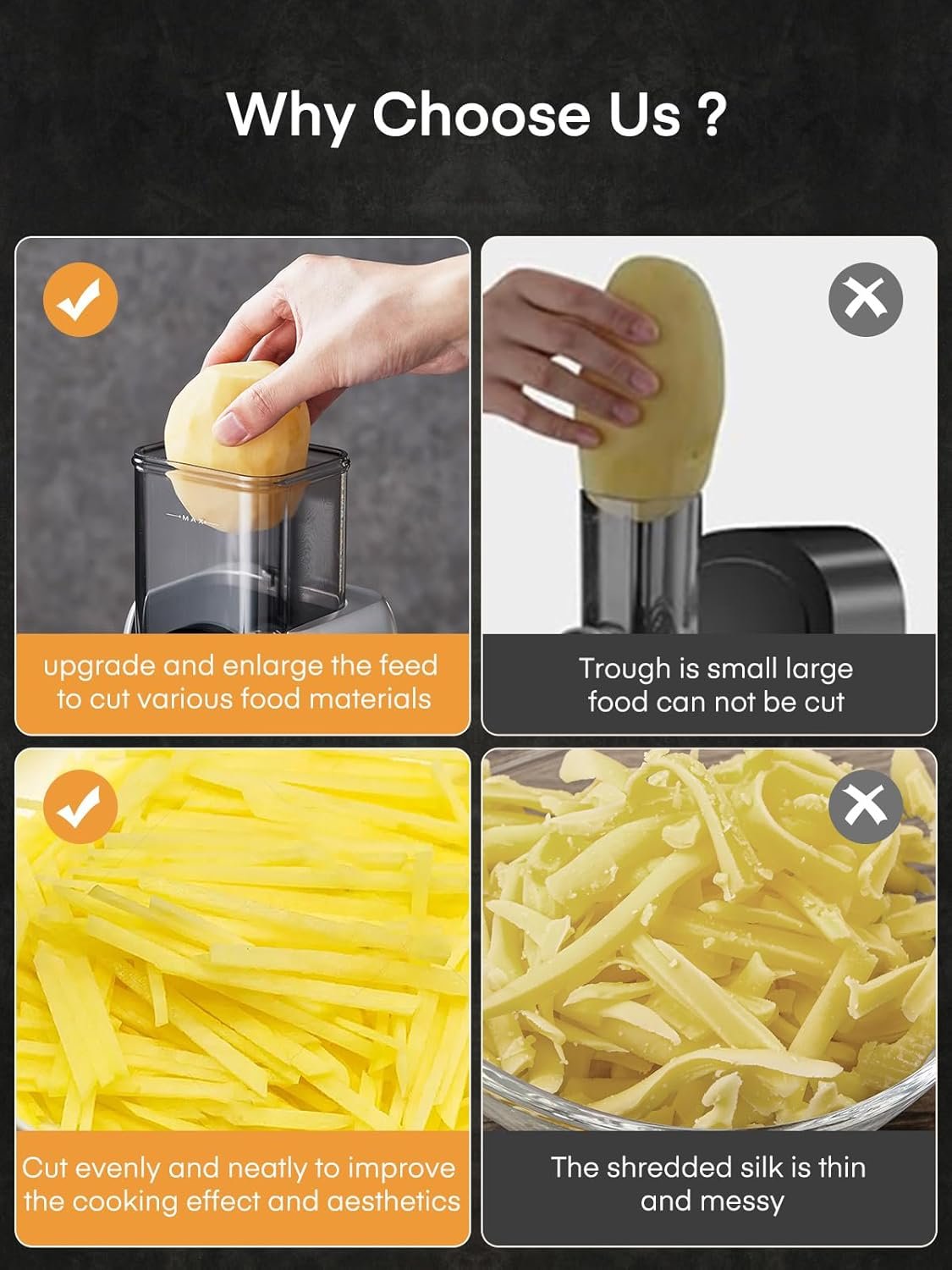 FOHERE Electric Cheese Grater, Large Feed Chute Electric Grater Vegetable Shredder with Multi Replaceable Blades and Storage Box, 5 in 1 cheese slicer for Whole Potatoes, Cheese and Nuts - Image 10