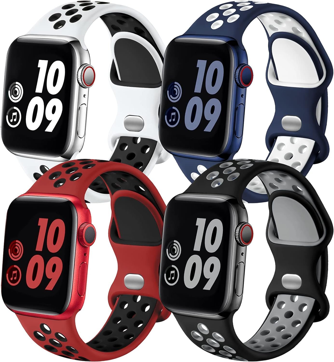 Adorve 4 Pack Compatible with Apple Watch Band 49mm 46mm 45mm 44mm 42mm iWatch Ultra 2 SE Series 10 9 8 7 6 5 4 3 2 1 Women Men,Breathable Sport Silicone Strap,Blue White/WhiteBlack/BlackGray/RedBlack - Image 2