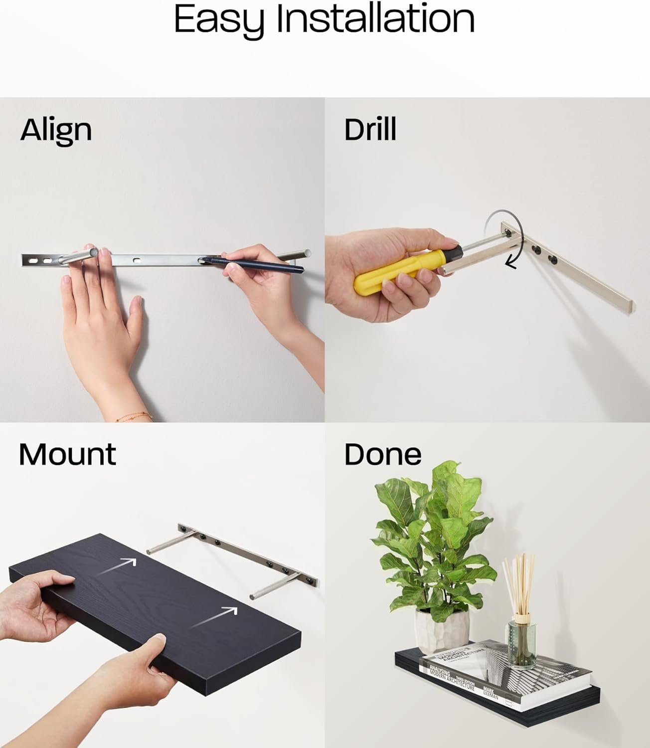 BAYKA Floating Shelves for Wall, Wall Mounted Rustic Wood Shelves for Bathroom, Bedroom, Living Room, Kitchen, Hanging Shelf for Books/Storage/Room Decor with 22lbs Capacity (Black, Set of 3, 16in) - Image 9