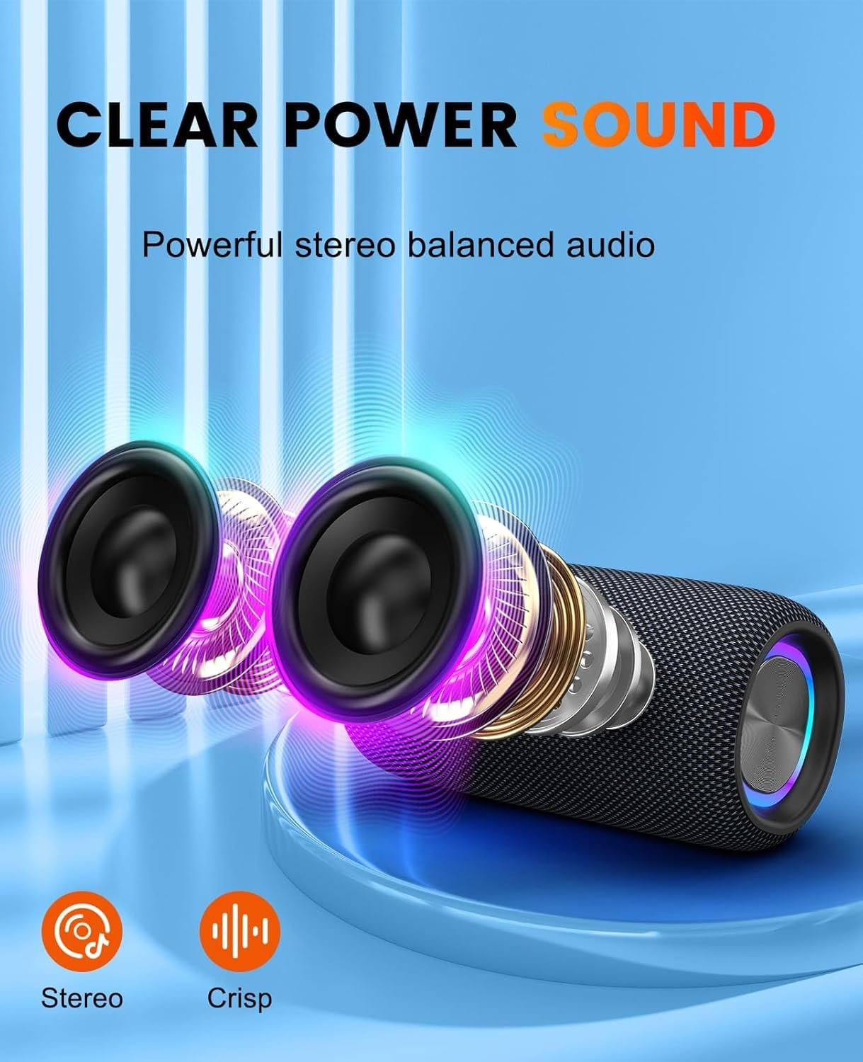LENRUE Bluetooth Speaker, Wireless Portable Speaker with Crisp Sound, Dynamic Lights, IPX5 Waterproof, TWS Pairing, Type C Charge, Suitable for Indoors, Outdoors, Parties, Gifts - Image 3