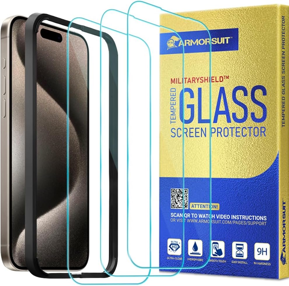 ArmorSuit 3 Pack Glass Screen Protector for iPhone 15 Pro Max Tempered Glass MilitaryShield Case Friendly (w/Alignment Tool) - Image 2