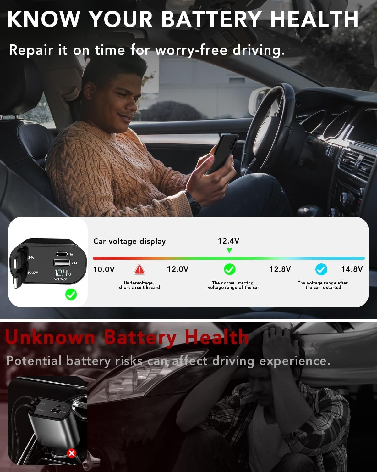 Retractable Car Charger, 4 in 1 Fast Car Phone Charger 66W, 2 Retractable Cables and USB Car Charger, Compatible with iPhone 16/15/14/13/12/11,Galaxy,Pixel - Image 6